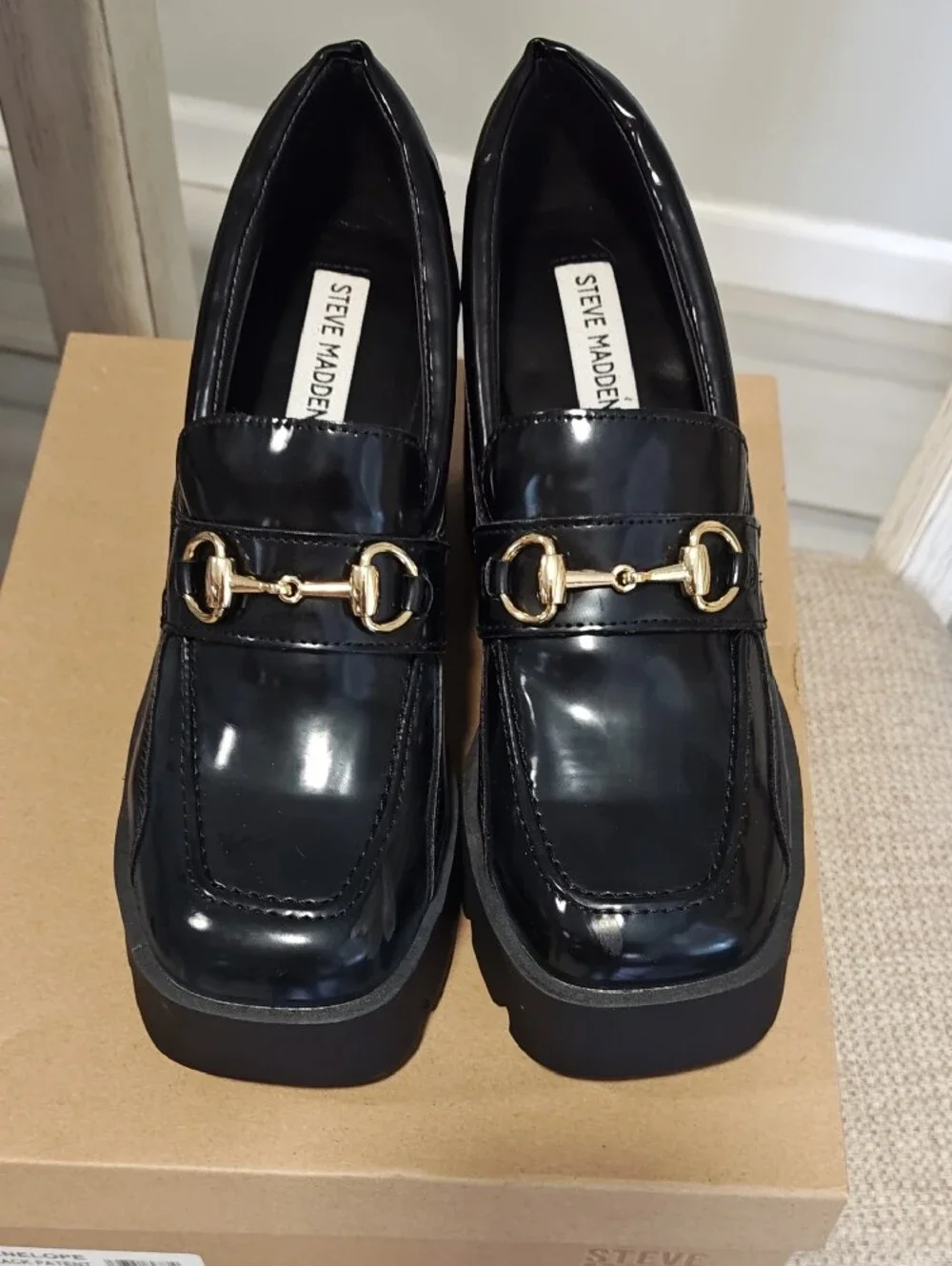 Steve Madden Penelope Black Patent Platform Loafer with Gold Bit